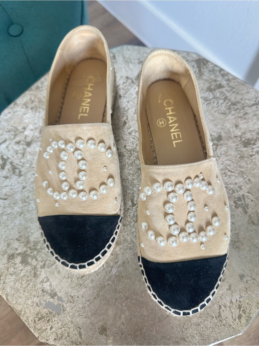 CHANEL Beige and Black Pearl-Embellished Espadrilles